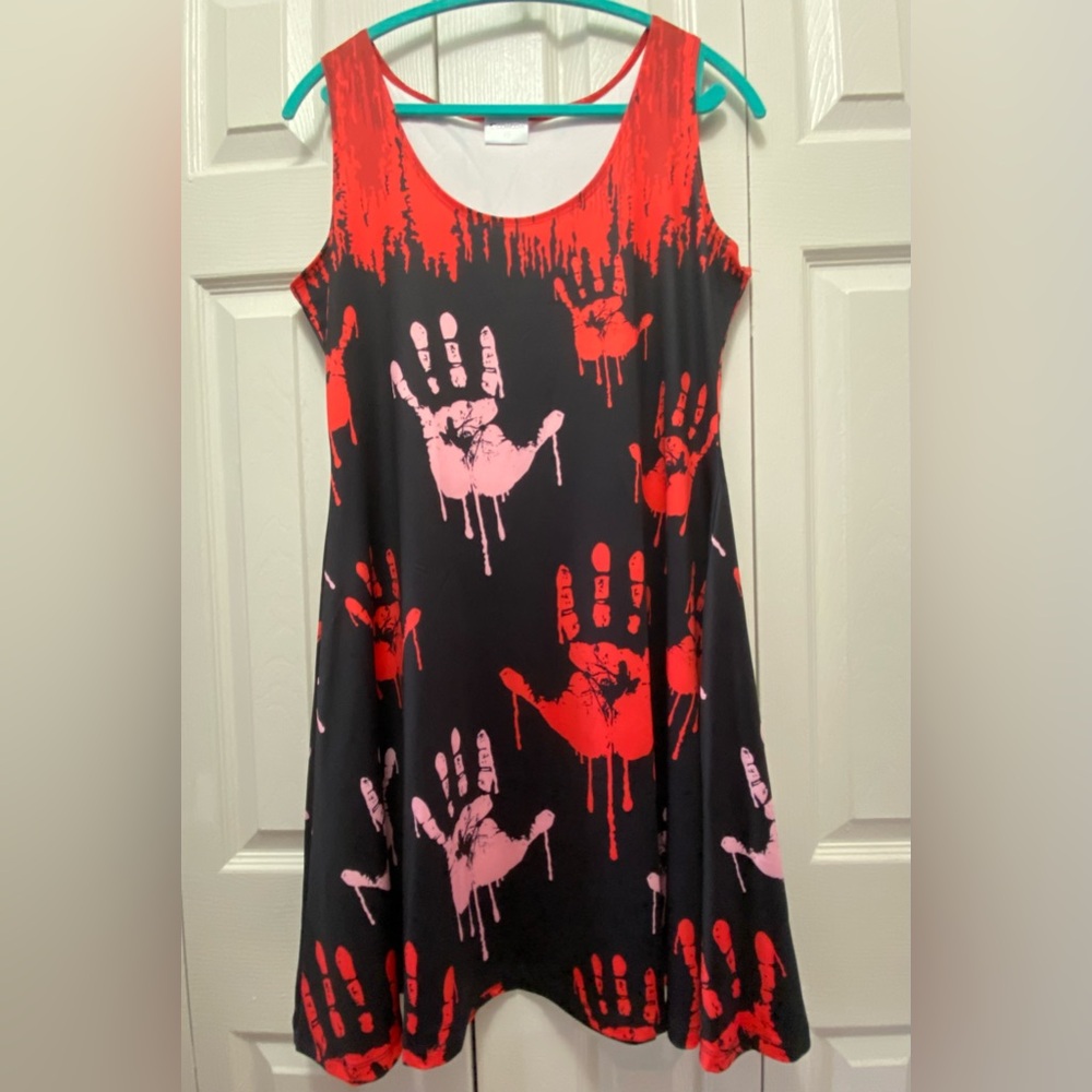 BLOODY HANDPRINT FIT & FLARE PARTY DRESS IN BLACK & RED LIKE NEW - Picture 2 of 9